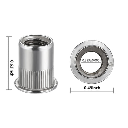 Rivet Nut 1/4"-20UNC 100Pcs Stainless Steel 304 Finish Flat Head Rivnut Threaded Insert Nut Knurled Body
