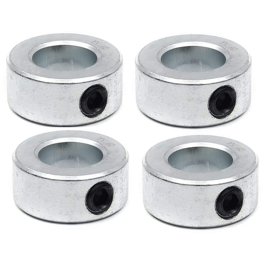 Four zinc-plated steel shaft collars with set screws and center bores, grouped view