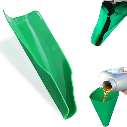 Green flexible oil funnel with wide mouth and tapered spout
