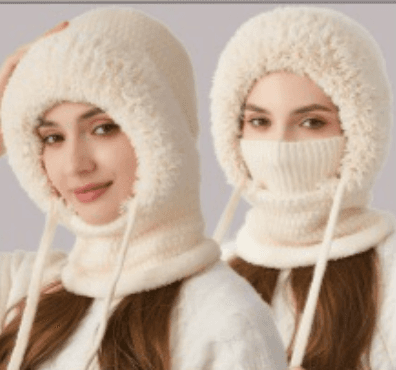 Beige hooded balaclava scarf mask with knit face covering and drawstring ties