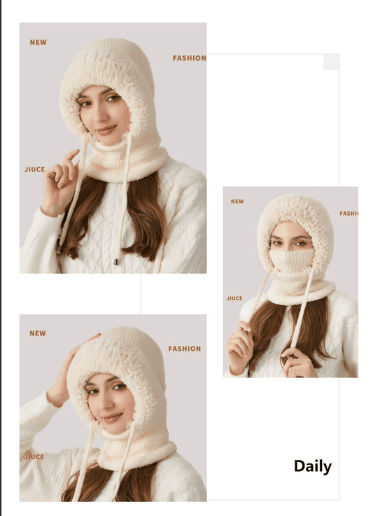 Beige hooded balaclava scarf mask set with face-covering knit and hood drawstrings