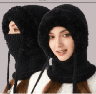 Black fleece hooded balaclava with face opening and neck gaiter set