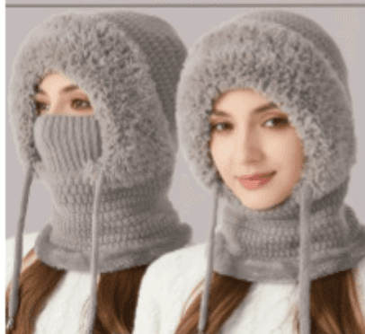 Gray fuzzy knit balaclava scarf with face opening and ribbed neck panel, two views
