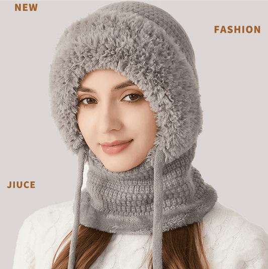 Gray furry hooded balaclava scarf with ribbed chin and face-cover opening