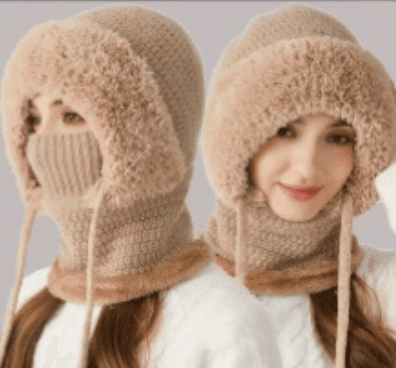 Beige fleece balaclava hood with ribbed face mask opening