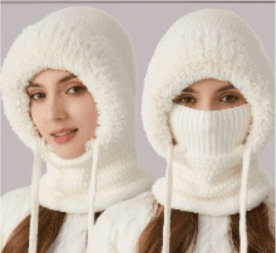 Off-white hooded balaclava scarf with fuzzy fleece hood and ribbed face covering