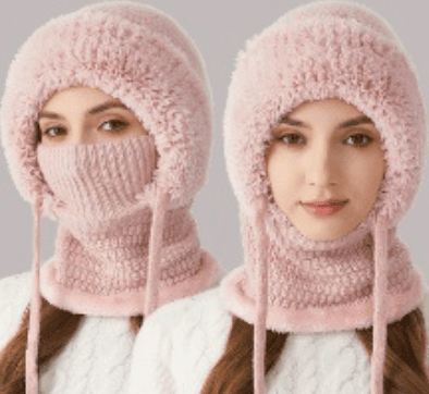 Pink hooded fleece balaclava with ribbed face mask and neck scarf, two long ties