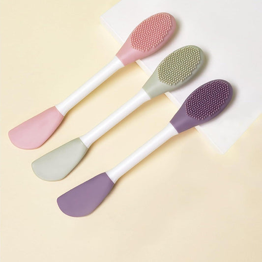 3-in-1 silicone face mask brush set with three double-ended applicators, pastel pink, sage, purple