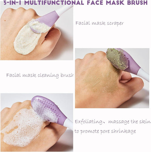 Silicone facial mask brush with purple head, held in hand for applying cream or mud