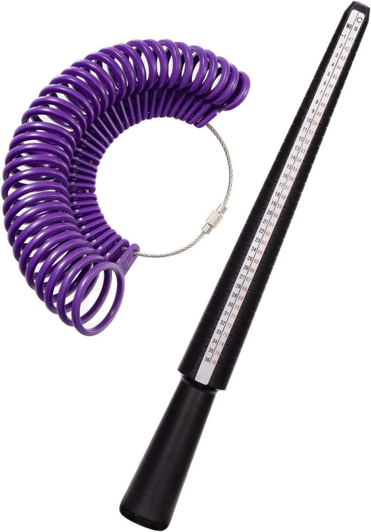 Purple flexible ring sizer wire with silver connector and black measurement gauge