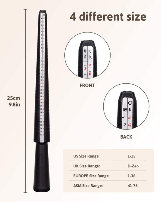 Black ring sizer gauge with clear scale and multiple size markers for sizing