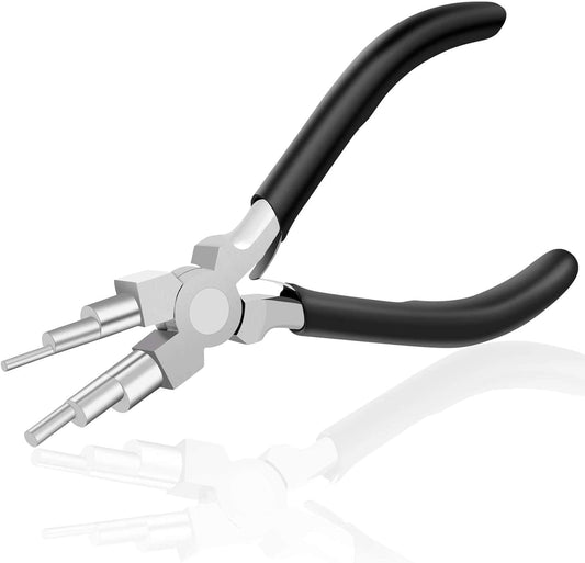 Round nose bail making pliers with black rubber handles and silver jaws