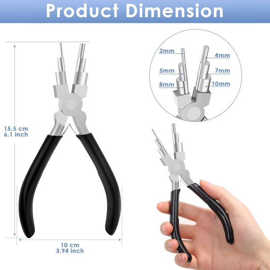 Jewelry pliers with black handles and silver round jaws, held in hand