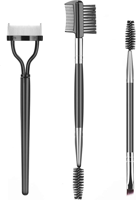 3-piece eye makeup brush set with black handles and metal comb, spoolie, and separator heads