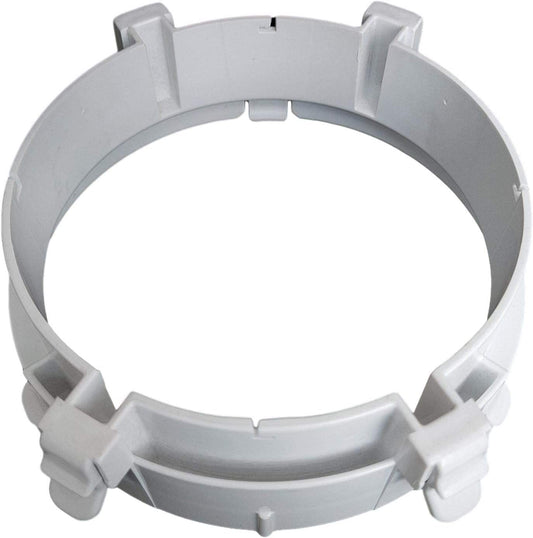 Gray plastic exhaust hose adapter ring with locking tabs and clips