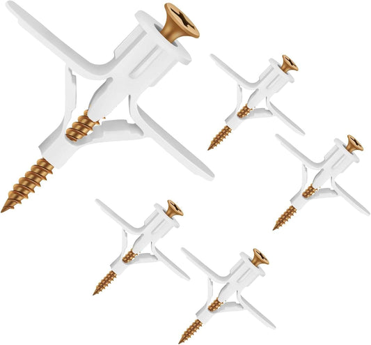 Drywall anchor kit with white plastic anchors and gold self-drilling screws, multiple pieces