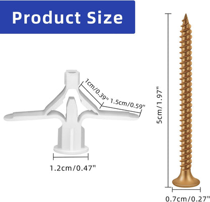 Self Drilling Plastic Anchors Drywall Anchor Kit, 50 PCS self-Tapping Screws + 50 PCS Plastic Anchors, Hollow Wall Butterfly Expansion Tube Pipe with Screws, White