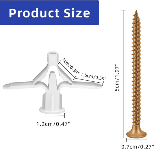 Drywall anchor size diagram: white plastic anchor with gold self-drilling screw