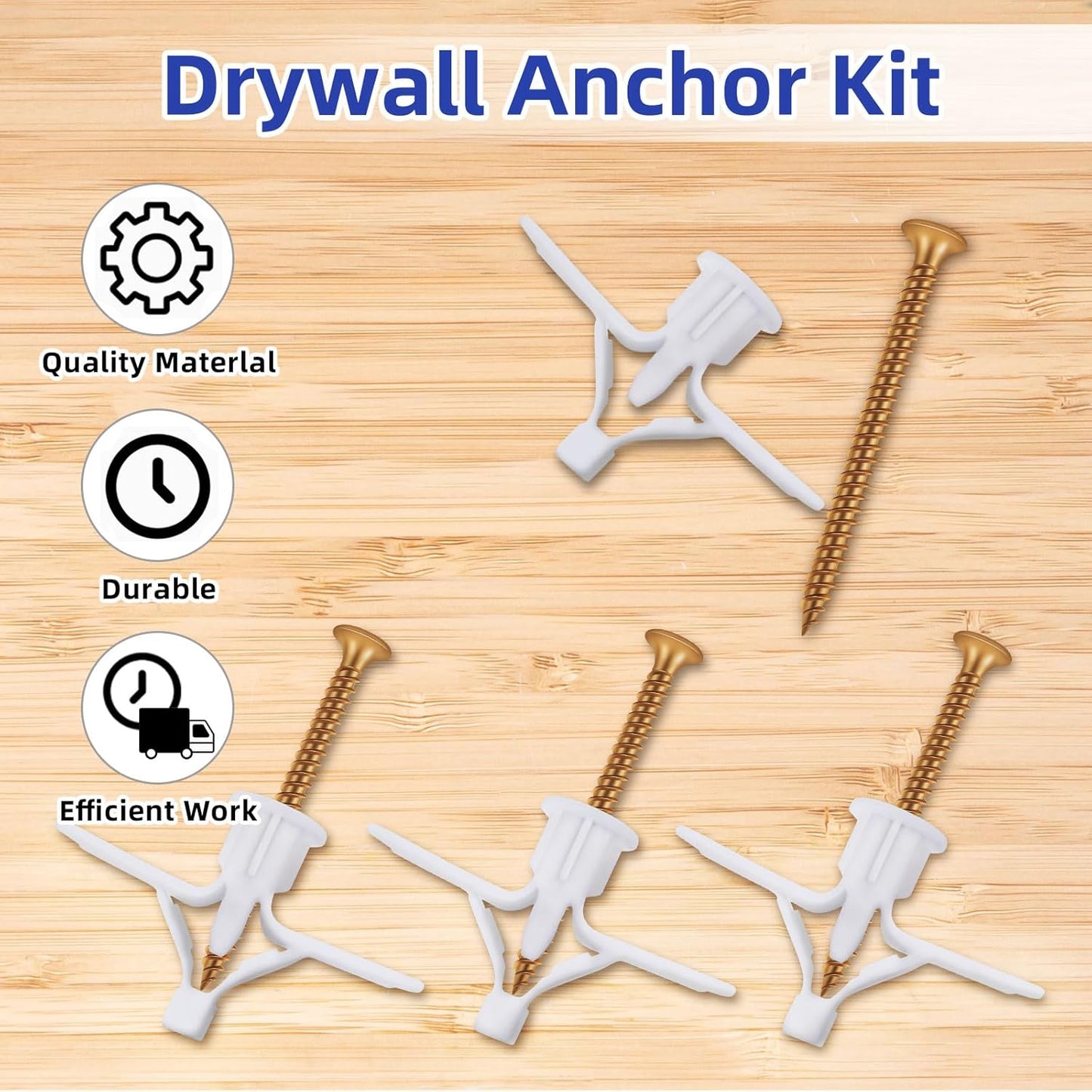 Self Drilling Plastic Anchors Drywall Anchor Kit, 50 PCS self-Tapping Screws + 50 PCS Plastic Anchors, Hollow Wall Butterfly Expansion Tube Pipe with Screws, White