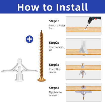 Self Drilling Plastic Anchors Drywall Anchor Kit, 50 PCS self-Tapping Screws + 50 PCS Plastic Anchors, Hollow Wall Butterfly Expansion Tube Pipe with Screws, White