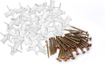 Self Drilling Plastic Anchors Drywall Anchor Kit, 50 PCS self-Tapping Screws + 50 PCS Plastic Anchors, Hollow Wall Butterfly Expansion Tube Pipe with Screws, White