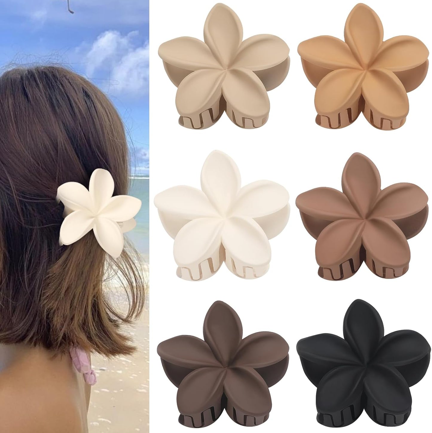Hawaiian Plumeria Flower Claw Hair Clips - 6 Pcs Large for Thick Hair and Thin for Beach, Hair Accessories for Women and Girls - Khaki