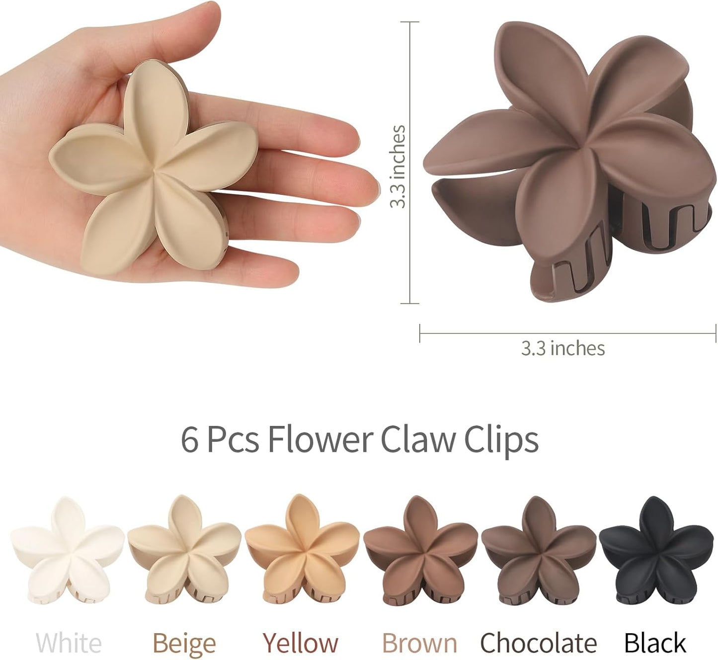 Hawaiian Plumeria Flower Claw Hair Clips - 6 Pcs Large for Thick Hair and Thin for Beach, Hair Accessories for Women and Girls - Khaki