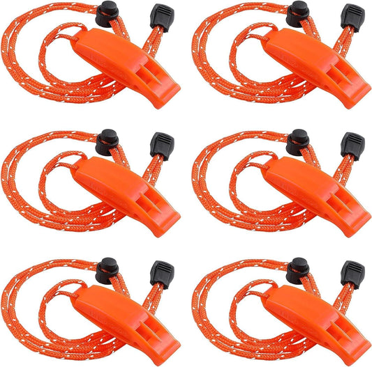Orange emergency whistle with adjustable reflective lanyard, shown as a 6-pack set