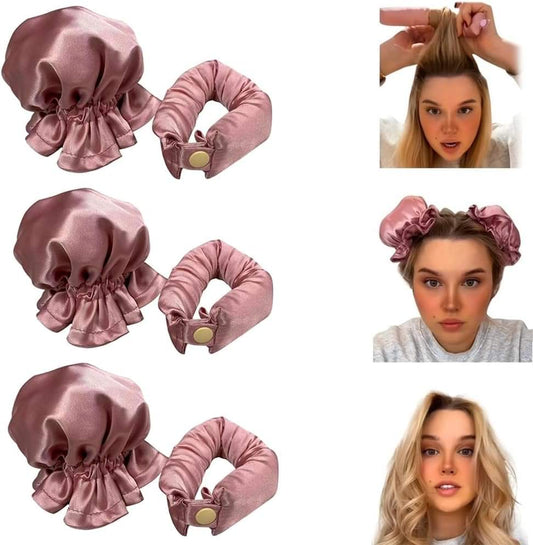 Pink satin heatless hair curler set with 3 fabric covers and flexi curl rods