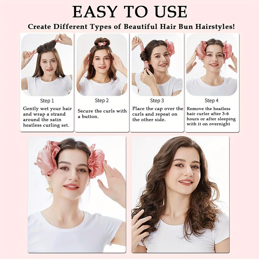 Satin Heatless Hair Curler 3 Sets, Heatless Curls for All Hair Types with Hair Caps, No Heat Curlers to Sleep In