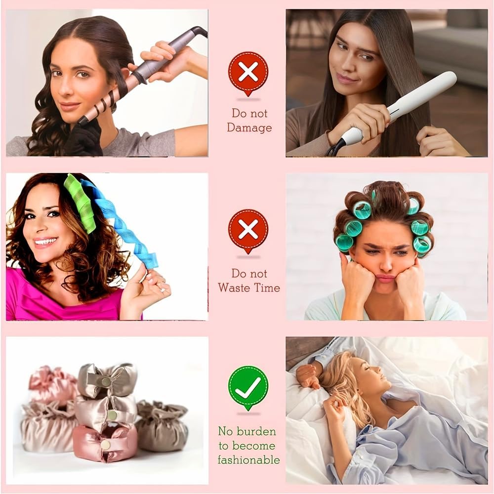 Satin Heatless Hair Curler 3 Sets, Heatless Curls for All Hair Types with Hair Caps, No Heat Curlers to Sleep In