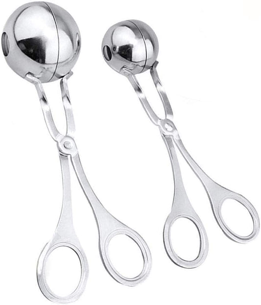 Stainless steel meatball scooper tongs with two round ball heads and oval grips