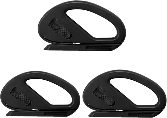 Three-pack black vinyl cutter tools with oval handles and blade guards