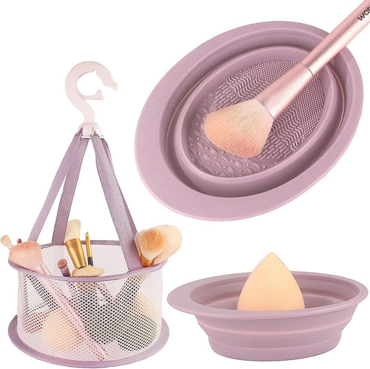 Purple silicone makeup brush cleaning bowl with hanging mesh drying net