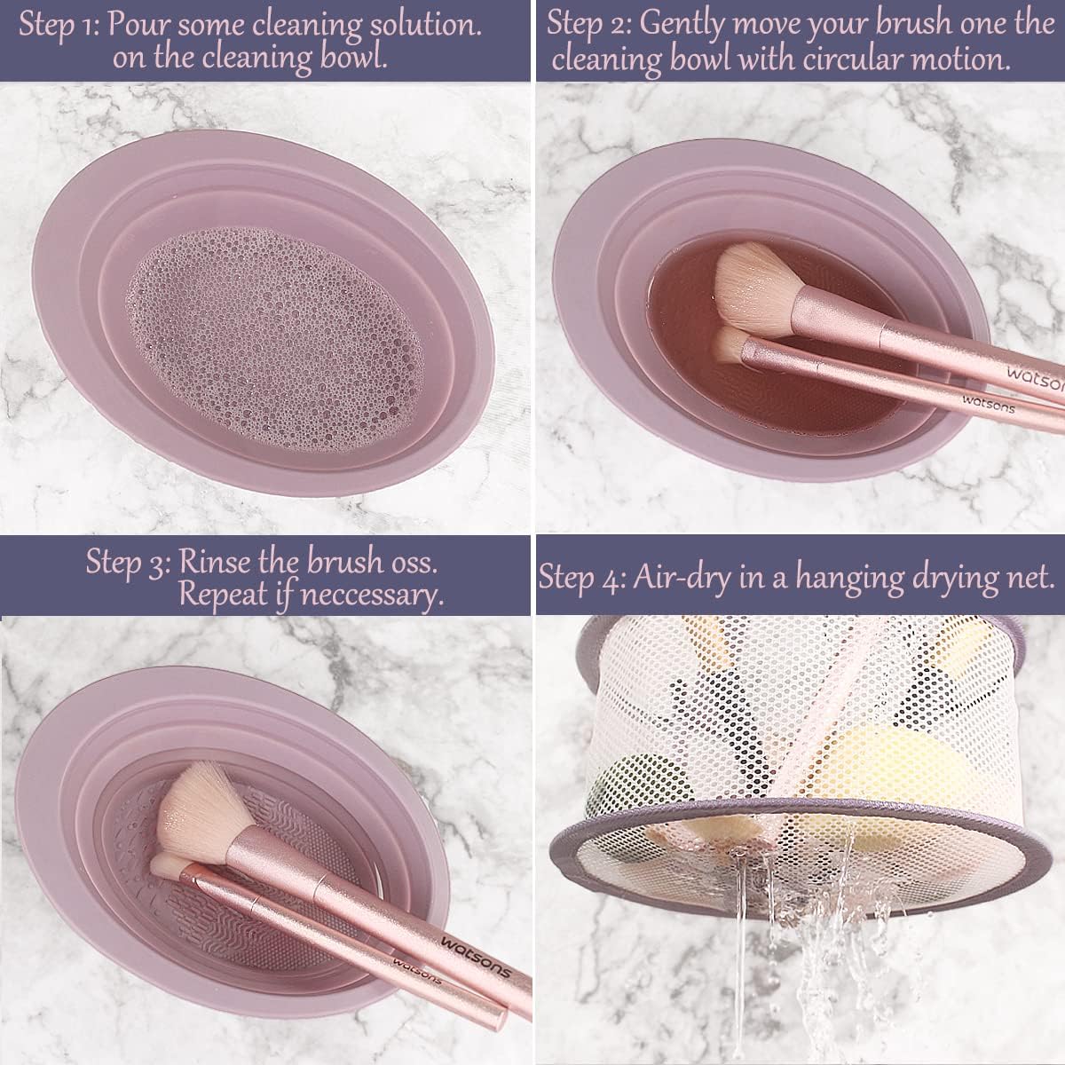 Makeup Brush Cleaning Mat & Hanging Drying Net, Foldable Silicone Makeup Brush Cleaner Brush Cleaning Pad cleaning bowl with Mesh Drying Rack Basket to dry Makeup Sponge, powder puff, brush (Purple)