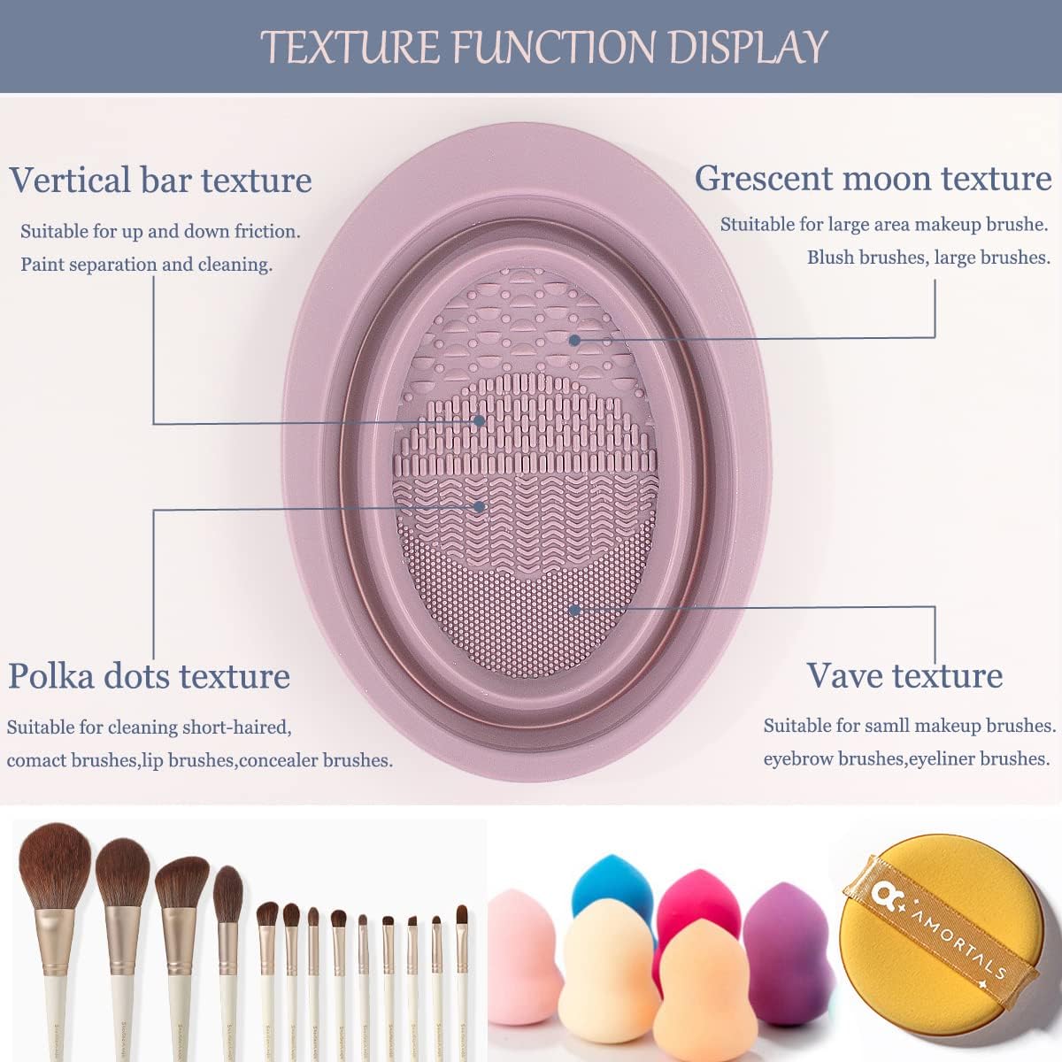 Makeup Brush Cleaning Mat & Hanging Drying Net, Foldable Silicone Makeup Brush Cleaner Brush Cleaning Pad cleaning bowl with Mesh Drying Rack Basket to dry Makeup Sponge, powder puff, brush (Purple)