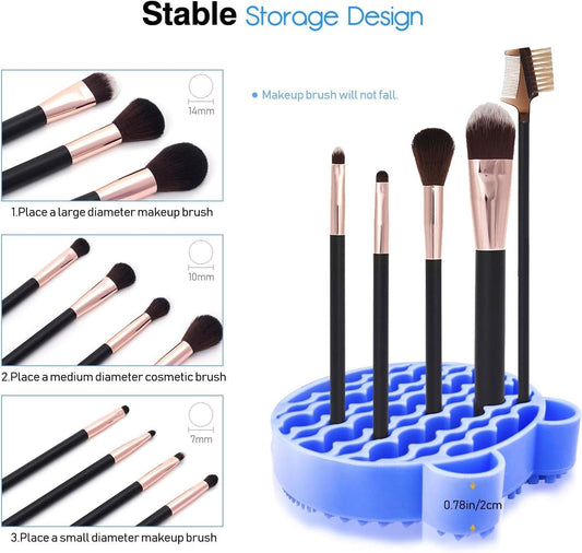 Blue silicone brush drying holder with slots holding four makeup brushes