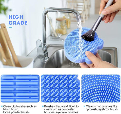 Makeup Brush Cleaning Mat, 2 in 1 Silicone Brush Cleaner Pad with Brushes Drying Holder,Portable Travel Cosmetic Brush Dryer Pad Washing Tool, Blue