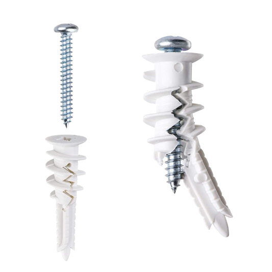 Plastic drywall anchors with metal screws, white bodies and silver screw heads