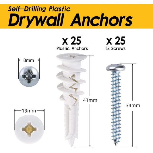Drywall anchor and screw set with white plastic anchors and steel screws with measurements