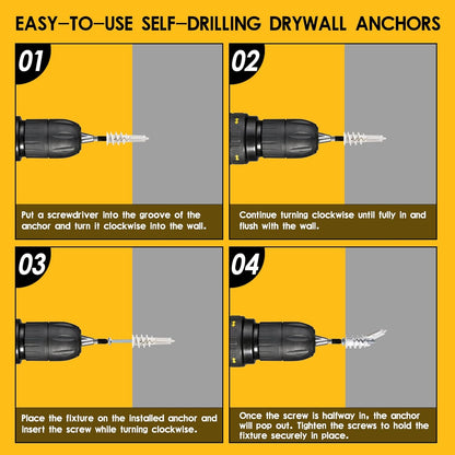 #8 Self Drilling Plastic Drywall Anchors and Screws Kit for Drywall, 25 pcs Wall Anchors & 25 pcs Drywall Screws, No Pre Drill Hole Preparation Required, 75LBS to Hang and Mount Heavy Items