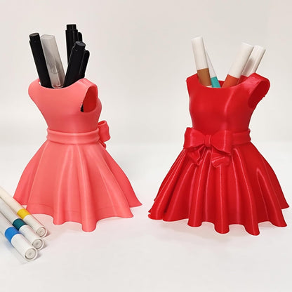 3D Printed Dress Pen Holder- Elegant Pink Dress Shape with Bow, Desk Organizer for Pens, Makeup Brushes, Unique Gift Idea
