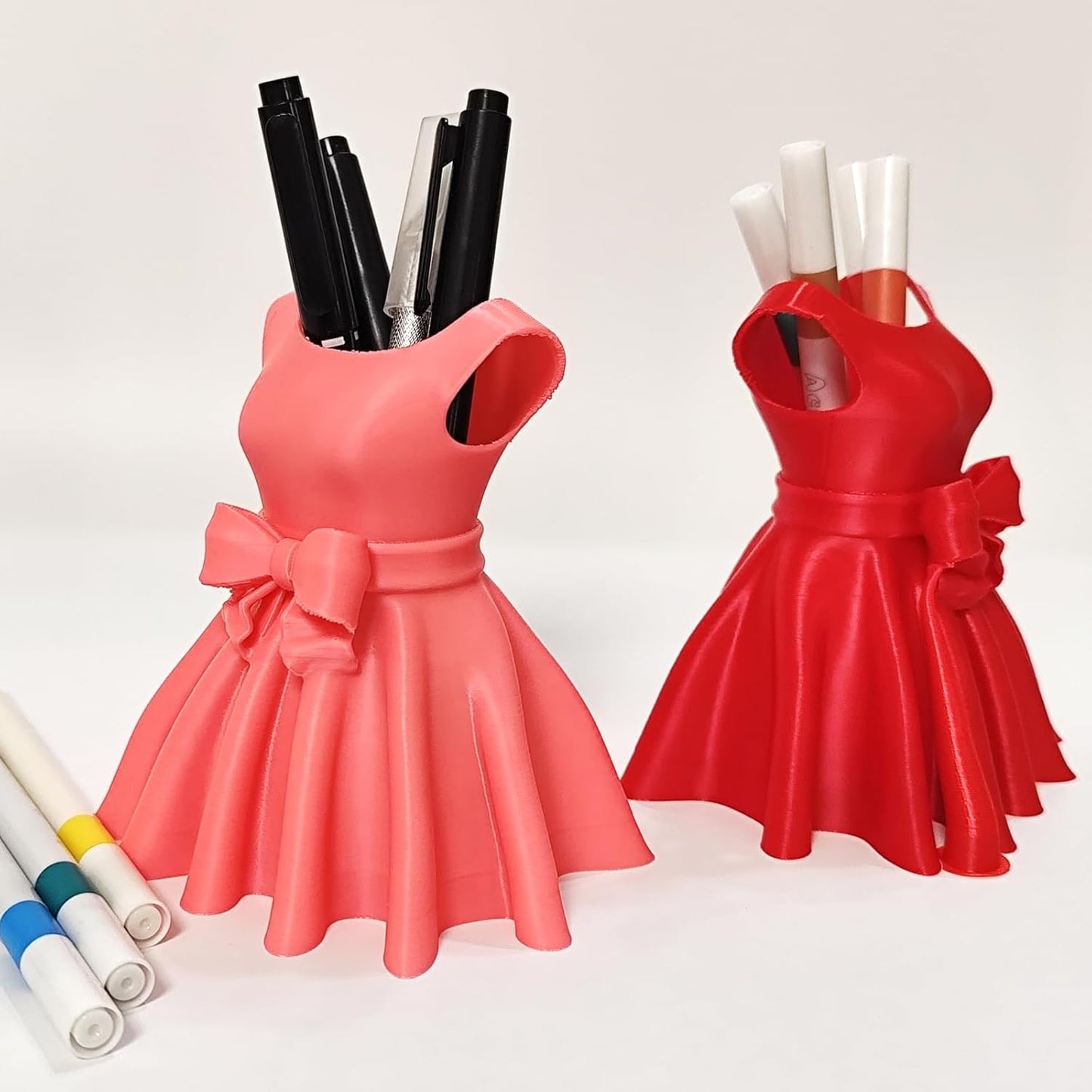 3D Printed Dress Pen Holder- Elegant Pink Dress Shape with Bow, Desk Organizer for Pens, Makeup Brushes, Unique Gift Idea