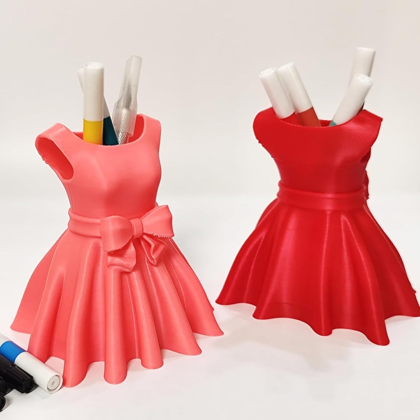 3D Printed Dress Pen Holder- Elegant Pink Dress Shape with Bow, Desk Organizer for Pens, Makeup Brushes, Unique Gift Idea