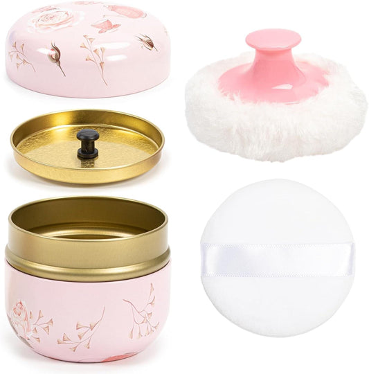 Pink powder container with gold lid and soft white puff, floral design