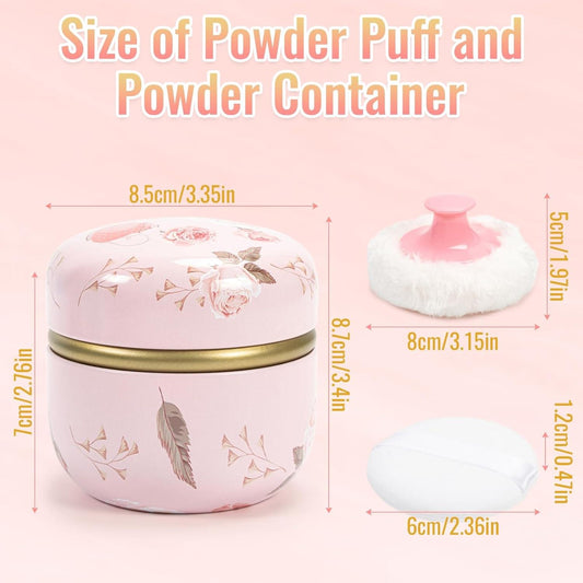 Pink portable powder container with gold base and white puff with pink cap