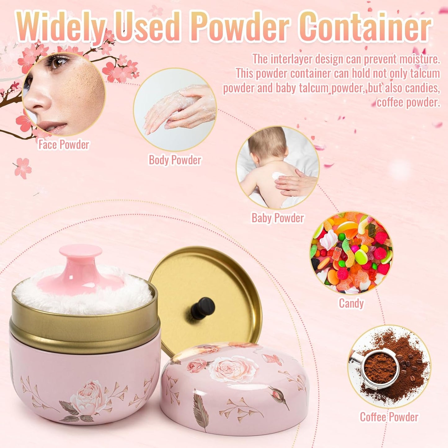 Dusting Boby Powder Puffs and Container for Women Baby, 3.15in Portable Soft Dusting Powder Container with Puff for Home Travel (Pink)