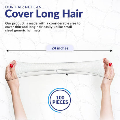 100Pcs Hair Net Black 24" Invisible Hair Nets for Women and Men - Perfect for Hair Bun, Sleeping, & Kitchen Food Service