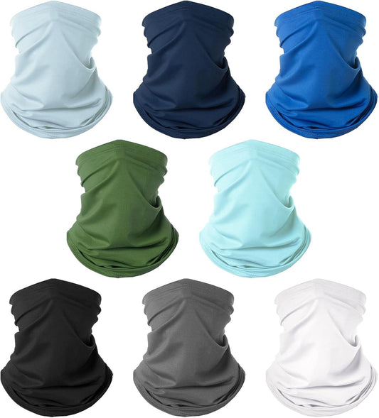 8-pack neck gaiters in assorted colors, ruched tube-style face and neck covers
