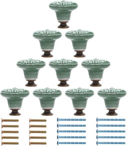 Green Ceramic knobs, Kitchen Cabinet Knobs, Retro Dresser Knobs, Drawer Knobs, Furniture Decorative Knobs and Pulls for Drawer, Dressers, Cupboard, Closet, 34mm / 1.3Inch Diameter(10Pcs)